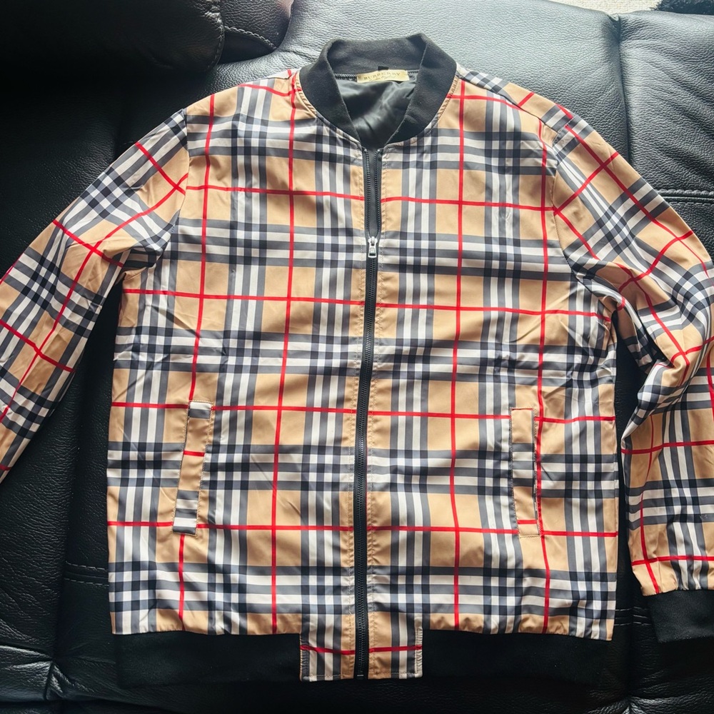 Burberry Tan and Red Checkered Bomber Jacket